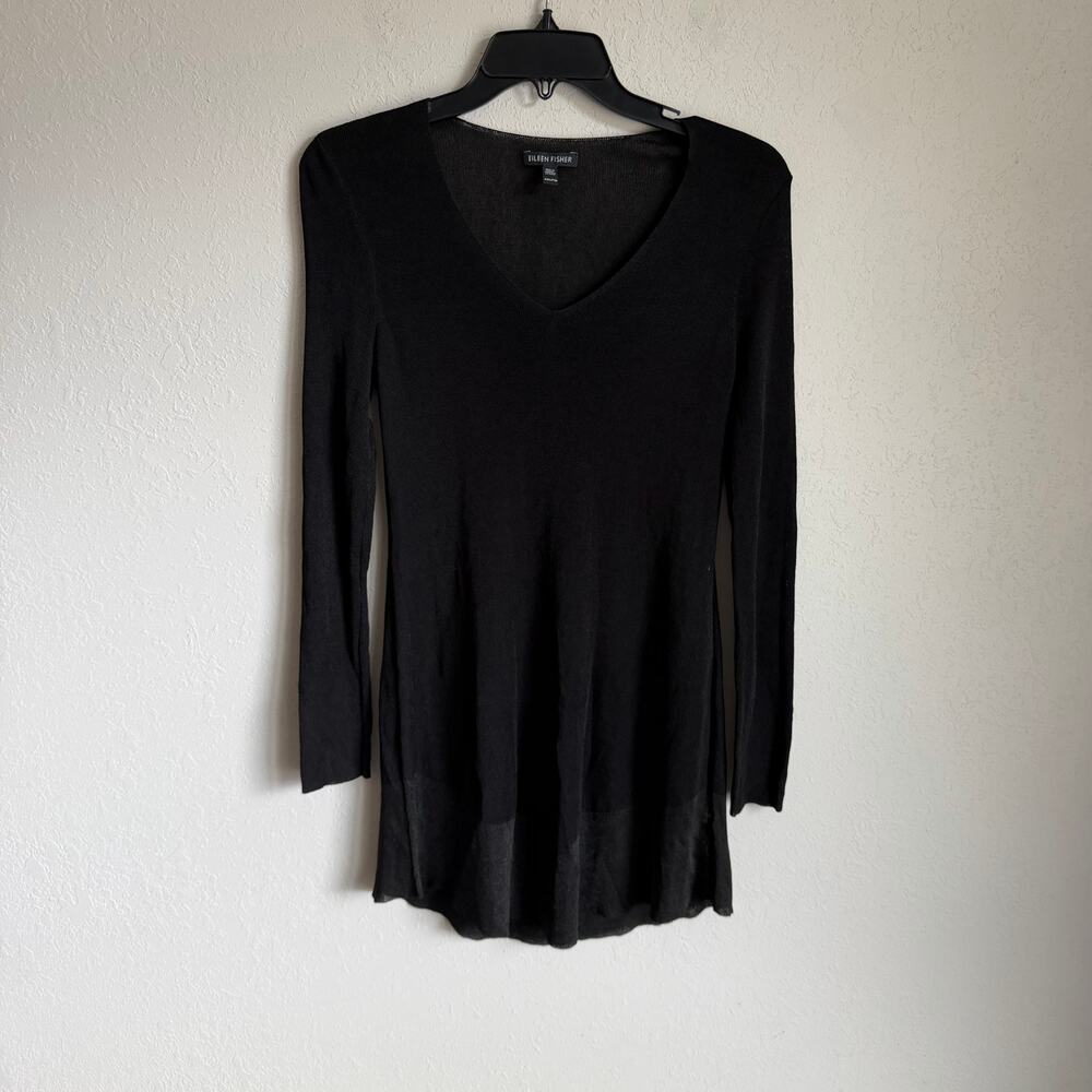 Eileen Fisher Black V-Neck Long Sleeve Sheer Tunic Mini Dress Womens XXS